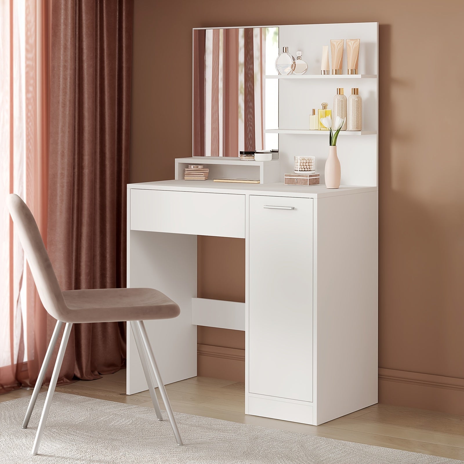 Modern Makeup Vanity Desk with Mirror Dressing Table with Drawer Storage Cabinet and 2 Open Shelves White for Bedroom Dressing Area Walk-in Closet Beauty Station Canada