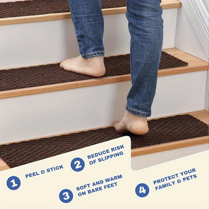 Pre-Adhesive Stair Treads Set of 15 – 8"x30" Anti-Slip Indoor Staircase Carpet Pads for Wooden Steps, Multiple Colours, Safe for Elders Kids and Dogs, Easy Peel & Stick Install