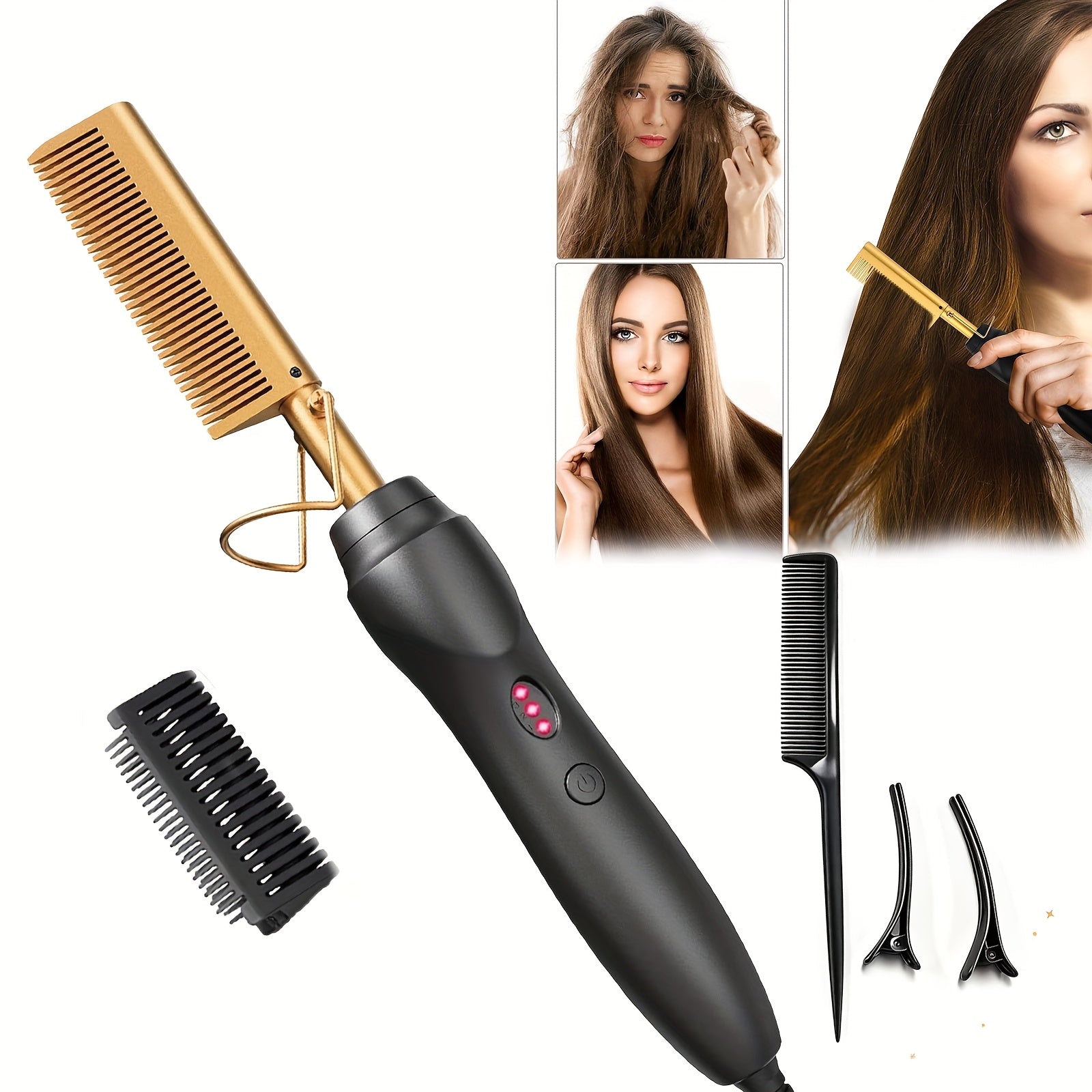 Hair Straightener Brush Electric Straightening Comb with Anti-Scald, Portable Heated Curling Iron for Wet & Dry Hair, Copper Plates, Works on Wigs – Women Men, Holiday Gift