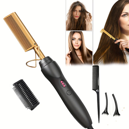Hair Straightener Brush Electric Straightening Comb with Anti-Scald, Portable Heated Curling Iron for Wet & Dry Hair, Copper Plates, Works on Wigs – Women Men, Holiday Gift