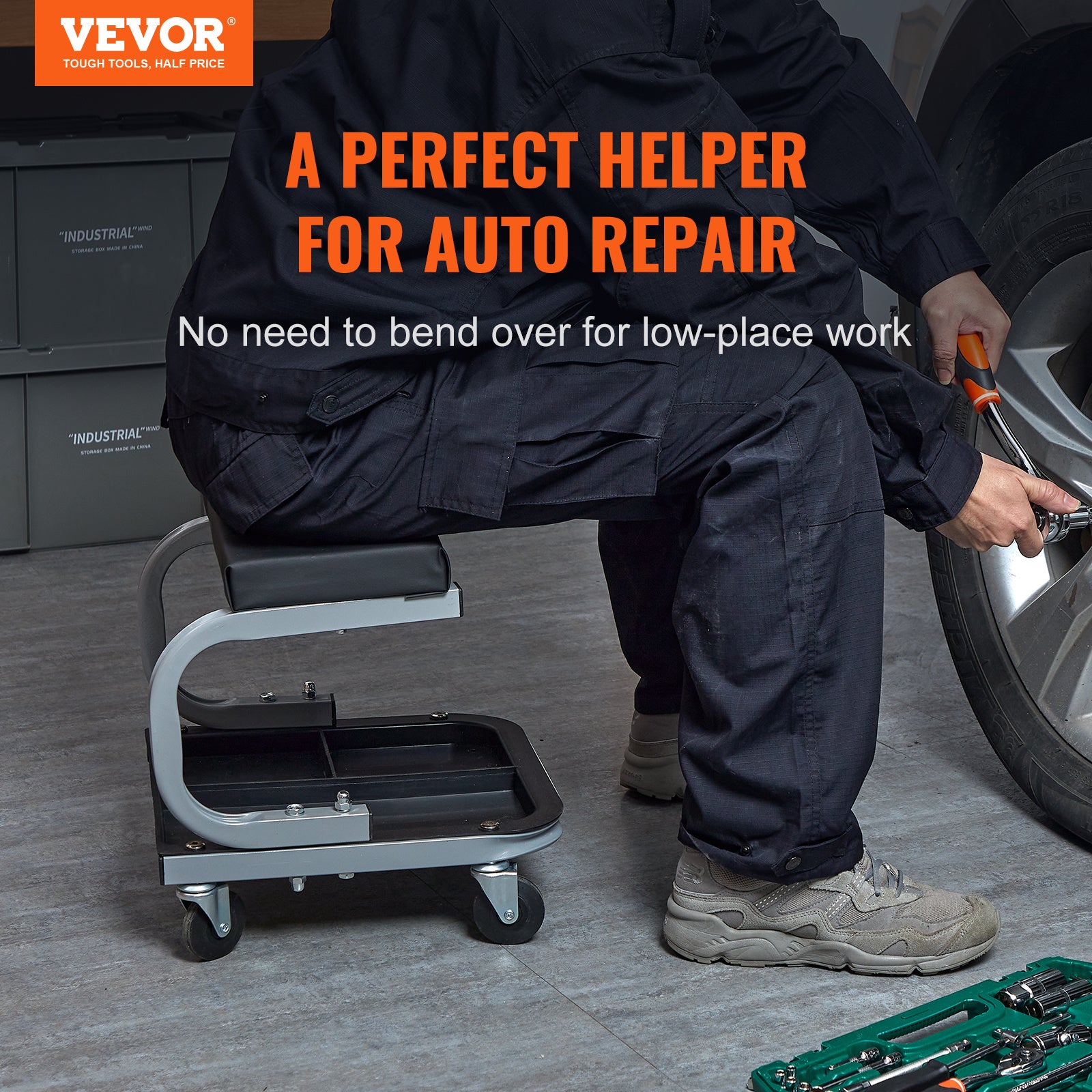 VEVOR Rolling Creeper Garage/Shop Seat, 250 LBS Capacity Padded Rolling Workshop Stool with Tool Tray Storage, Mechanic Stool for Garage, Shop, Auto Repair, Black