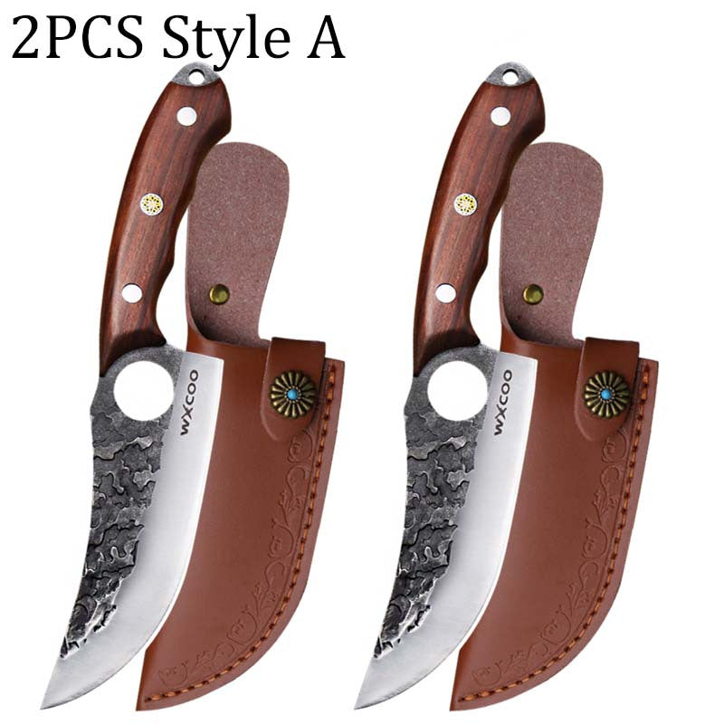 Hammered Chef Knife Set 2/4pcs Japanese Style Stainless Steel – Multipurpose Boning BBQ Fish Knife with Protective Sheath & Wood Handle for Kitchen Camping & Outdoor Cooking | ShopVora CA