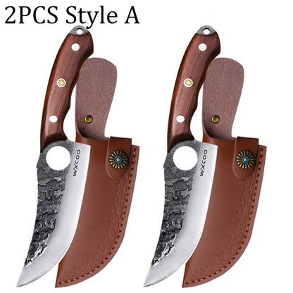 Hammered Chef Knife Set 2/4pcs Japanese Style Stainless Steel – Multipurpose Boning BBQ Fish Knife with Protective Sheath & Wood Handle for Kitchen Camping & Outdoor Cooking | ShopVora CA