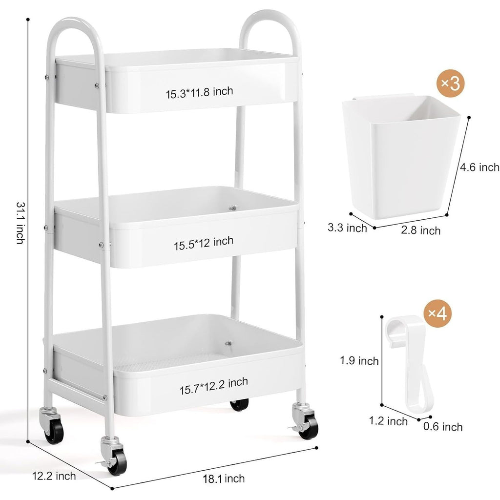 Three-Tier Metal Caster Cart with Lockable Wheels Three-Tier Rolling Book & Snack Cart Multi-Purpose Storage Cart for Kitchen, Bathroom, Garage, Baby Diapers, Crafts, Art Supplies, and Teachers