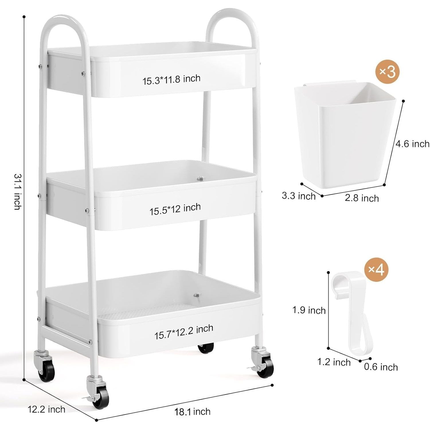 Three-Tier Metal Caster Cart with Lockable Wheels Three-Tier Rolling Book & Snack Cart Multi-Purpose Storage Cart for Kitchen, Bathroom, Garage, Baby Diapers, Crafts, Art Supplies, and Teachers