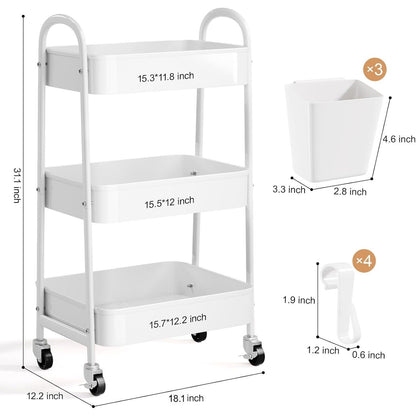 3-Tier Rolling Storage Cart with Lockable Wheels - Metal Mesh Utility Cart 15kg Per Shelf, 360 Degree Casters, Hanging Baskets and Hooks, for Kitchen Bathroom Garage Classroom Craft Canada