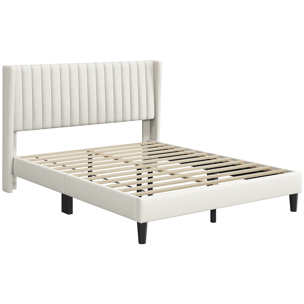 ALDEN DESIGN Bed Frame, Upholstered Bed Frame with Wing Side, Fabric Upholstered Bed with Headboard, Platform Bed Frame with Channel Tufted Headboard, Mattress Foundation with Wood Slat Support, No Box Spring Needed,King/Queen/Full, Ivory/Dark Gray/Black/
