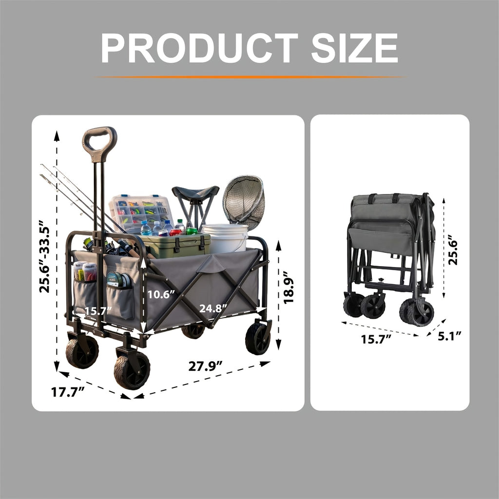 Folding Wagon Cart, Collapsible Garden Wagon with All-Terrain Wheels, Heavy Duty Folding Utility Cart, Multifunctional Collapsible Wagon for Camping Beach Gardening