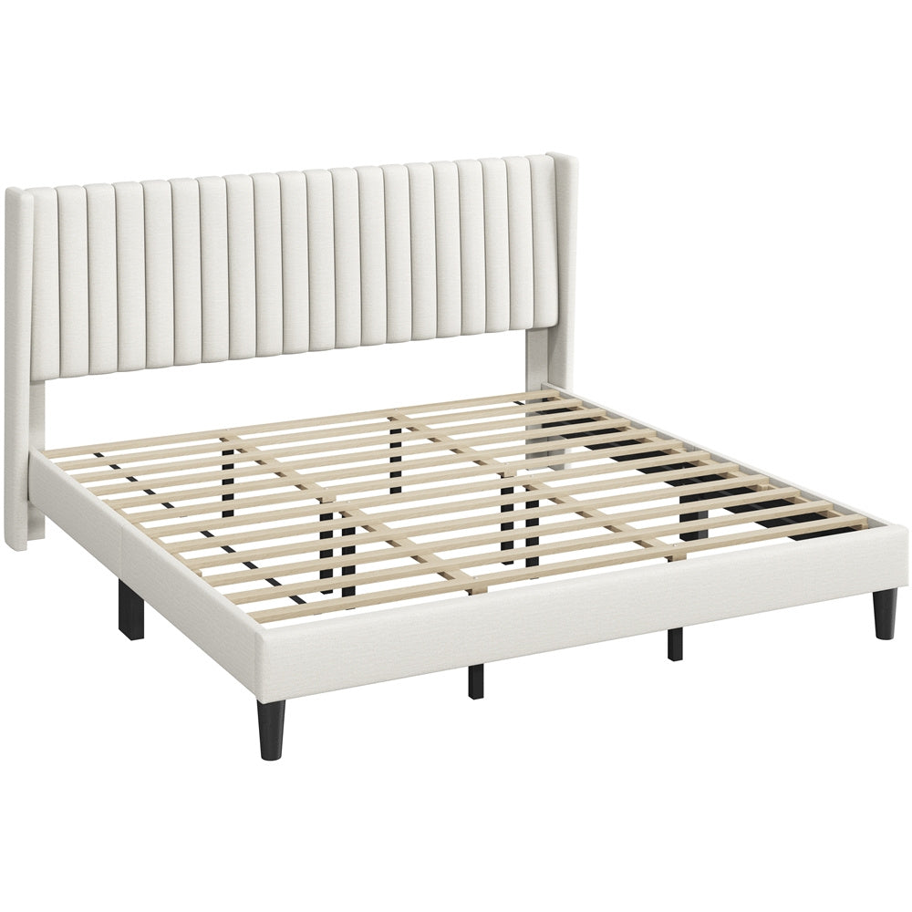 ALDEN DESIGN Bed Frame, Upholstered Bed Frame with Wing Side, Fabric Upholstered Bed with Headboard, Platform Bed Frame with Channel Tufted Headboard, Mattress Foundation with Wood Slat Support, No Box Spring Needed,King/Queen/Full, Ivory/Dark Gray/Black/