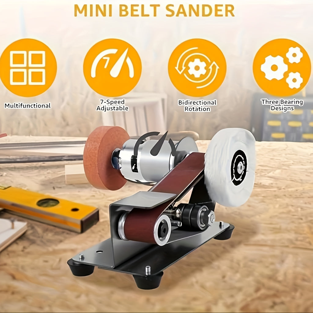 3-In-1 Mini Belt Sander - 15 Degree Knife Sharpener Electric Bench Grinder Sanding Machine, 7 Types Adjustable Speed Buffer Polisher for Metal Wood DIY Handcraft, Tool & Knife Sharpening (Plus Kit)