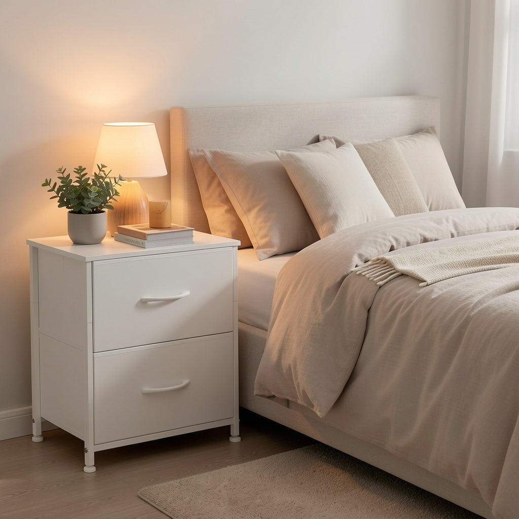 [Small Dresser with Pull Handle] EUNOS Nightstand with 2 Drawers | Sturdy Steel Frame, Wood Top, Removable Fabric Bins | Bedside Table for Bedroom Closet Living Room