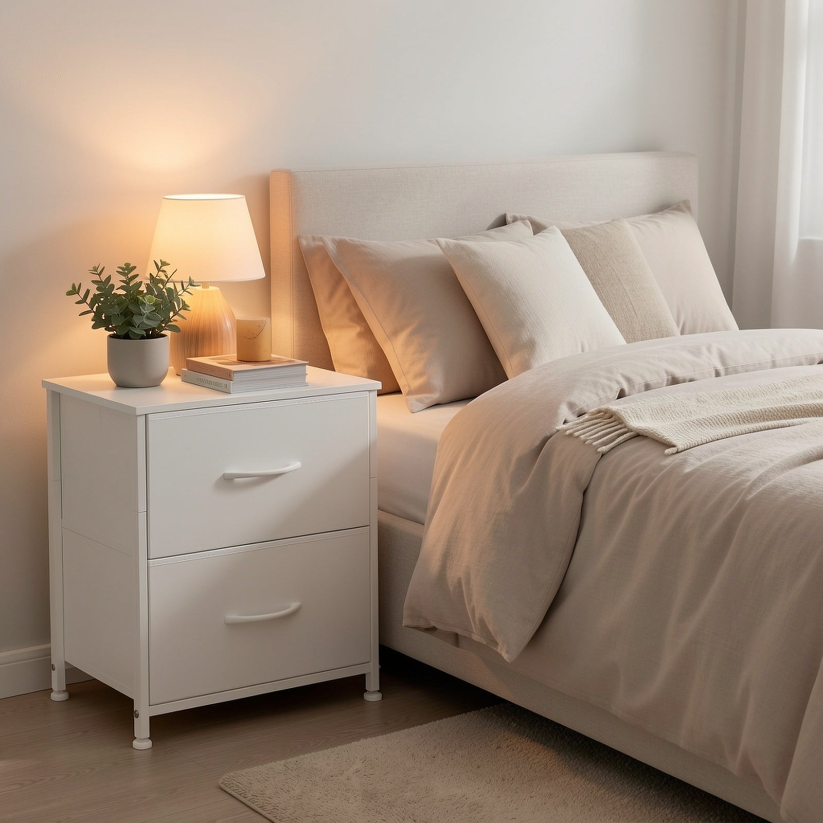 [Small Dresser with Pull Handle] EUNOS Nightstand with 2 Drawers | Sturdy Steel Frame, Wood Top, Removable Fabric Bins | Bedside Table for Bedroom Closet Living Room