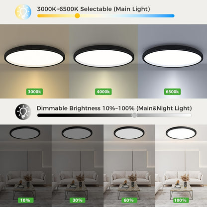 LED Flush Mount Ceiling Light 12 Inch with Remote Control – Dimmable 10-100%, 3-Colour Temperatures 3000K-6500K + 1800K Night Light | Low Profile Eye-Care Flicker-Free for Bedroom Kitchen Hallway, Black