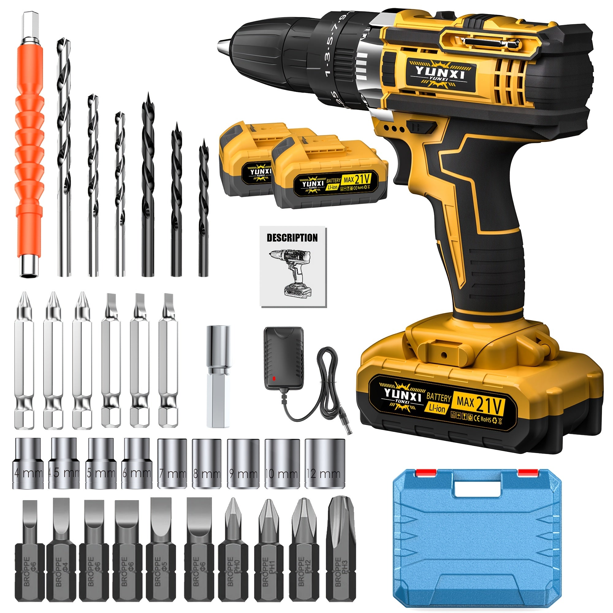 21V Cordless Drill Set with Drill Bits & Socket Accessories – Variable Speed Driver, Fast Charger & Lithium-Ion Battery, Multifunctional Power Tool Kit for Home DIY, Auto Repair & Gift for Dad