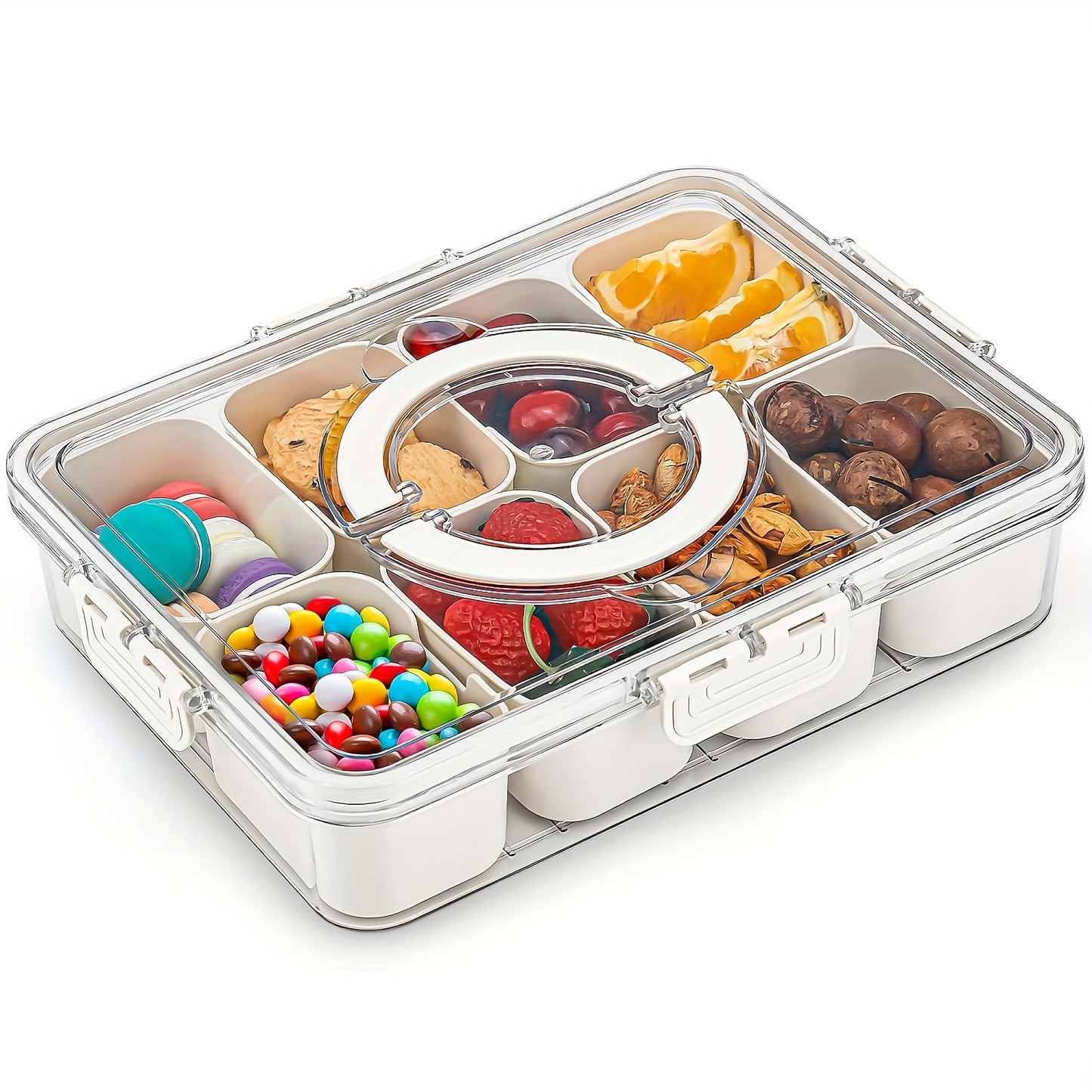 Snackle Box 8-Compartment Clear Divided Snack Container – 2 Pack with Lid & Handle, Portable Serving Tray for Fruit Veggies Cheese & Charcuterie, Travel Picnic Camping & Party – Blue