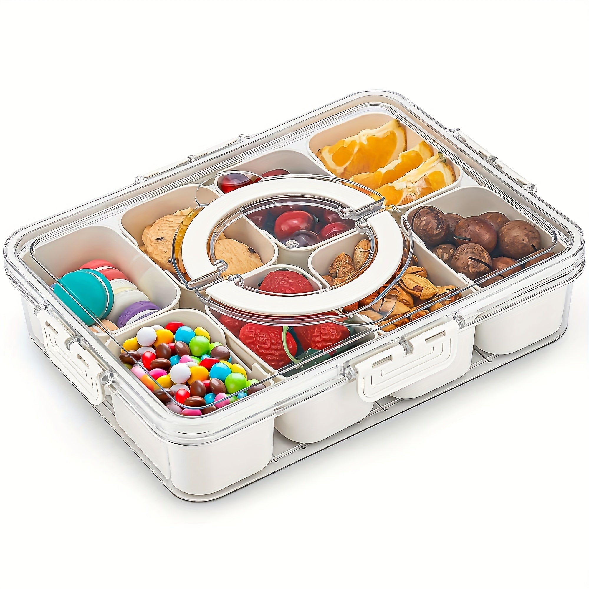 1/2 Pack 8-Compartment Snackle Box with Lid & Handle, Clear Divided Serving Tray and Portable Snack Container for Fruit, Veggies, Cheese,, & Charcuterie, Ideal for Travel, Picnic, Camping & Parties