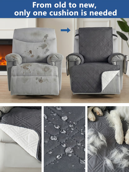 Recliner Cover Sofa Protector Quilted with Pockets & Elastic Straps, Pet Scratch-Resistant Washable Furniture Cover, Easy Install – Armchair Slipcover for Home Decor, Mother's Day Gift