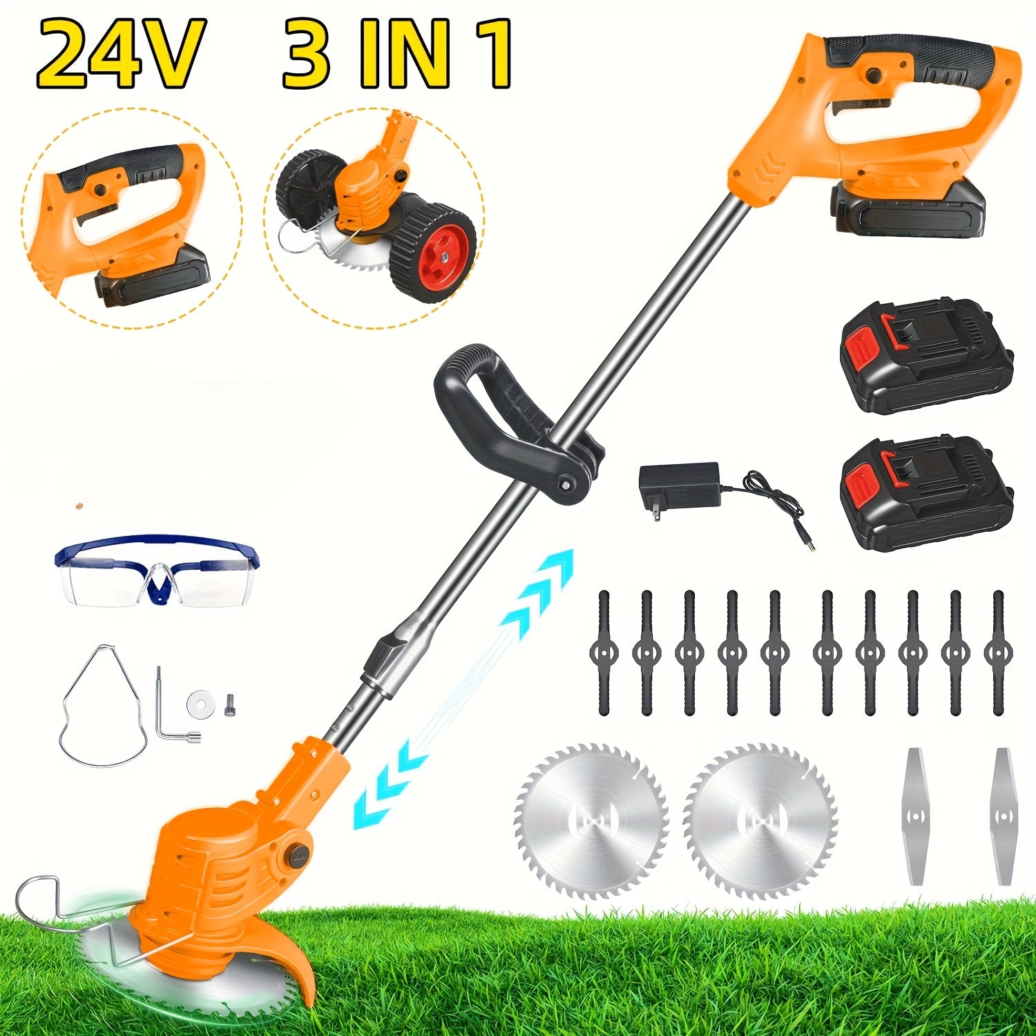 Cordless Electric Roller Lawn Trimmer with 3 Cutting Blades & Fast Charger – 1200mAh Battery Operated Weed Eater, Lightweight Portable Grass Cutter for Yard & Garden | ShopVora CA