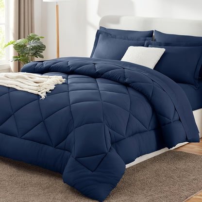 Quilted Comforter Bed-in-a-Bag Set 7pcs – Soft Brushed Microfiber Box Stitch Pattern, All-Season Bedding Ensemble with Comforter, Flat Sheet, Fitted Sheet & Pillowcases