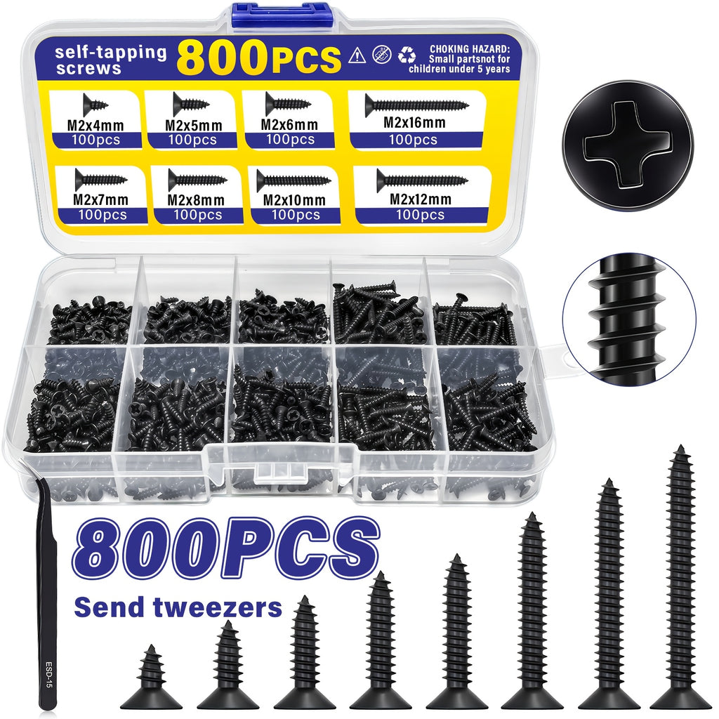 800pcs M2 Black Phillips Self-Tapping Screw Set, M2 Sizes (4/5/6/7/8/10/12/16mm), Includes Clips, Multi-Purpose Durable Screws, Ideal for DIY Projects, Furniture And Equipment Repairs