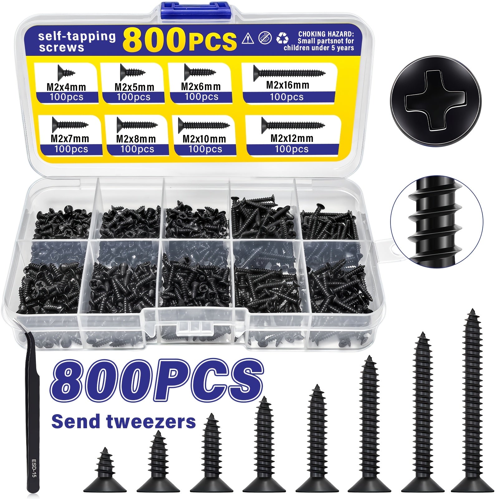 800pcs M2 Black Phillips Self-Tapping Screw Set, M2 Sizes (4/5/6/7/8/10/12/16mm), Includes Clips, Multi-Purpose Durable Screws, Ideal for DIY Projects, Furniture And Equipment Repairs