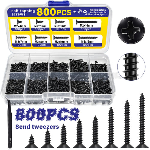 800pcs M2 Black Phillips Self-Tapping Screw Set, Multi-Size 4-16mm with Clips, Durable Screws for DIY Projects Furniture and Equipment Repairs