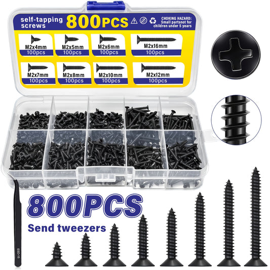 800pcs M2 Black Phillips Self-Tapping Screw Set, M2 Sizes (4/5/6/7/8/10/12/16mm), Includes Clips, Multi-Purpose Durable Screws, Ideal for DIY Projects, Furniture And Equipment Repairs