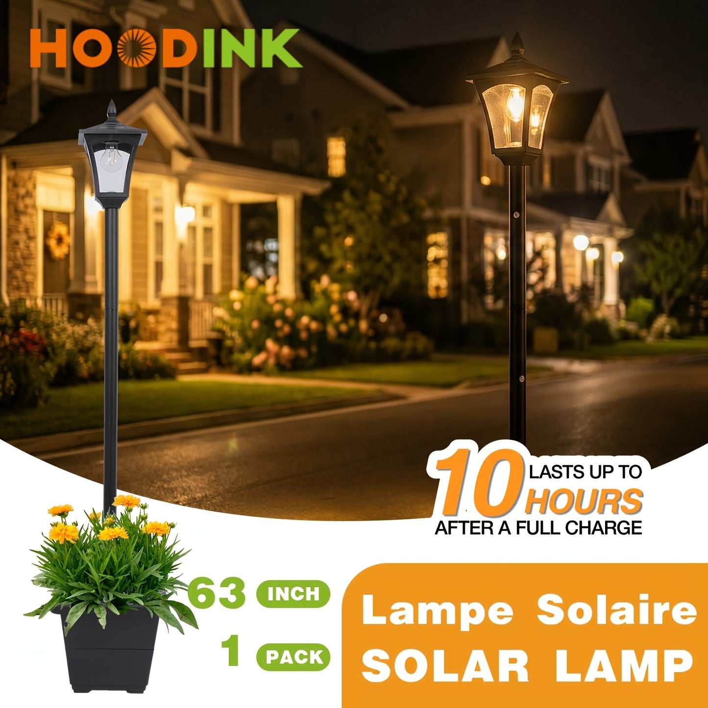 Solar Lamp Post Outdoor 63" with Built-In Planter Box – HOODINK Waterproof Garden Light, Auto Dusk-to-Dawn, 4 Solar Panels for Backyard, Driveway & Pathway