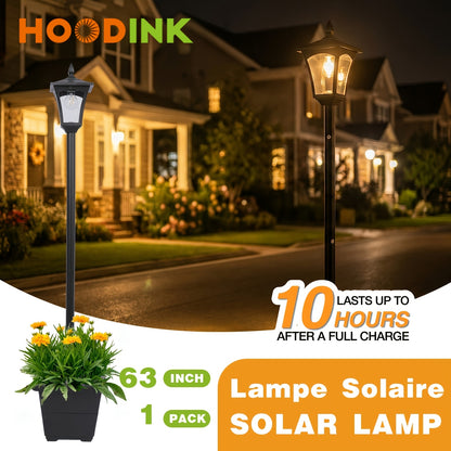 Solar Lamp Post Outdoor 63" with Built-In Planter Box – HOODINK Waterproof Garden Light, Auto Dusk-to-Dawn, 4 Solar Panels for Backyard, Driveway & Pathway
