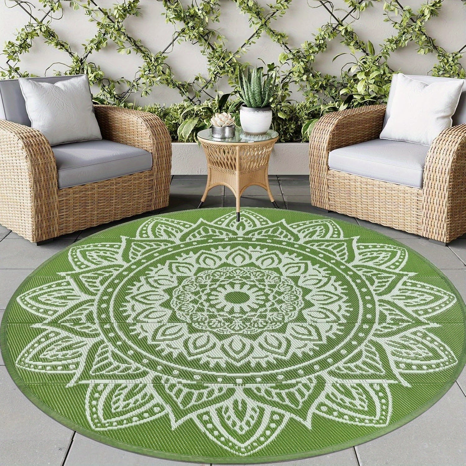 Round Boho Outdoor Rug Reversible Circle Patio Carpet – Lightweight Portable Outdoor Area Rug for Patio, Balcony, Camping & Backyard, Bohemian Style Weatherproof Floor Mat