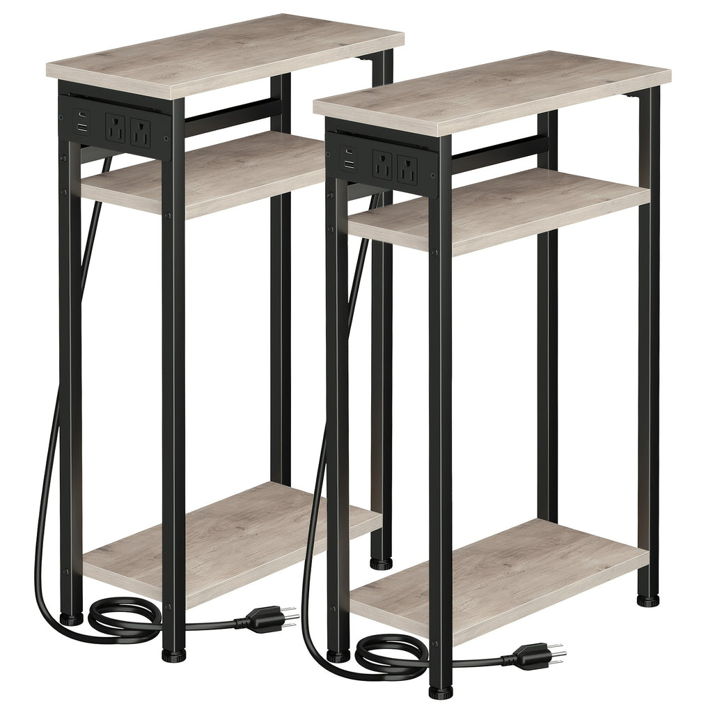 MANAGEABLE 1pc/2pcs Narrow Side Table with Charging Station, Small End Tables for Small Space, 3 Tier Slim Night Stand, Skinny Sofa Beside Table with Storage Shelf