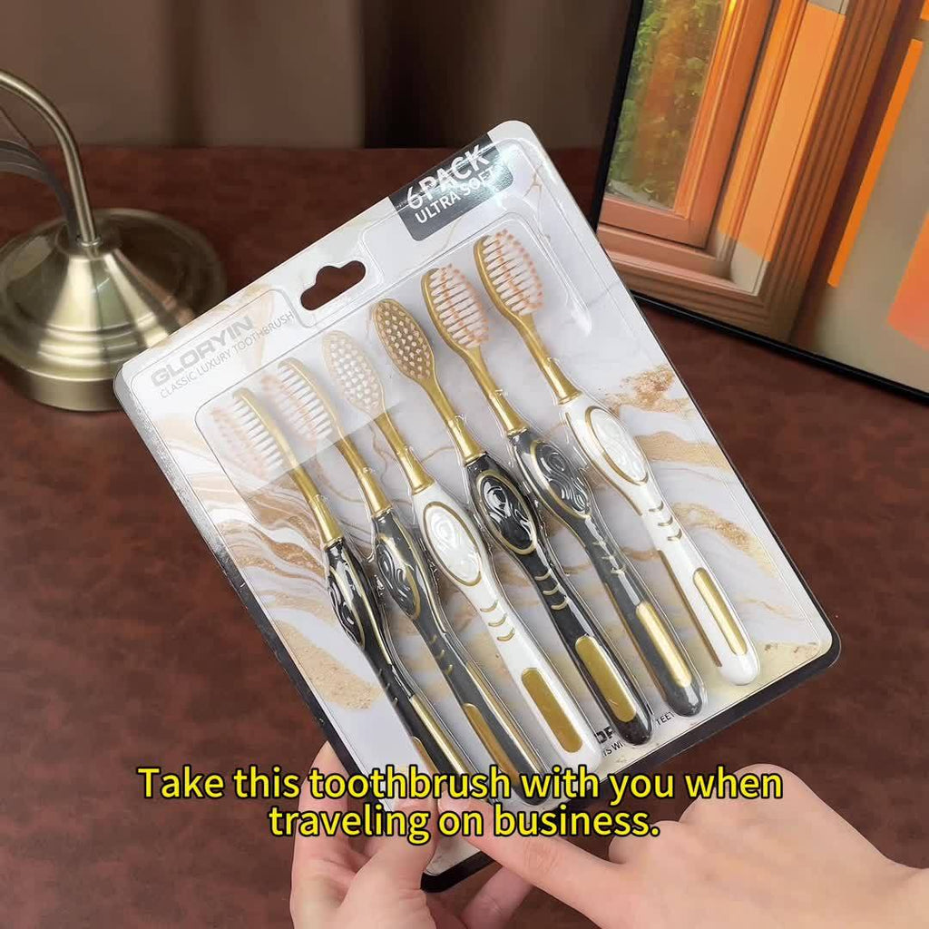 GLORYIN [6Pcss Travel Set] [6Pcss Travel Set X 2] White Platinum Series Olive-Shaped Anti-Slip Handle Travel Essential Household, Adult, Couple, Soft Bristle Toothbrush