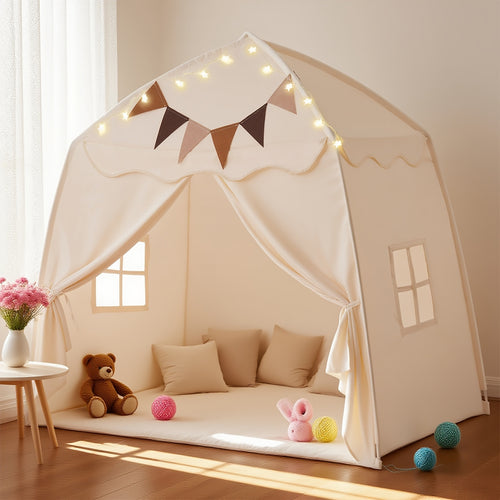Kids Play Tent with Mat, Star Lights & Tissue Garland – Large 52"x35"x52" Indoor Outdoor Playhouse with Windows for Girls & Boys, Toddler Tent, Washable, Complete Imaginative Play Set