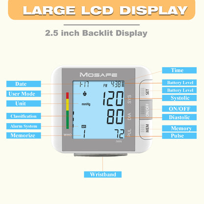Wrist Blood Pressure Monitor Automatic with Voice Broadcast – Dual User Mode, 198 Memory, Large 2.3" Display, One-Touch Operation, Adjustable Cuff, USB or Battery Powered, Portable BP Machine Canada