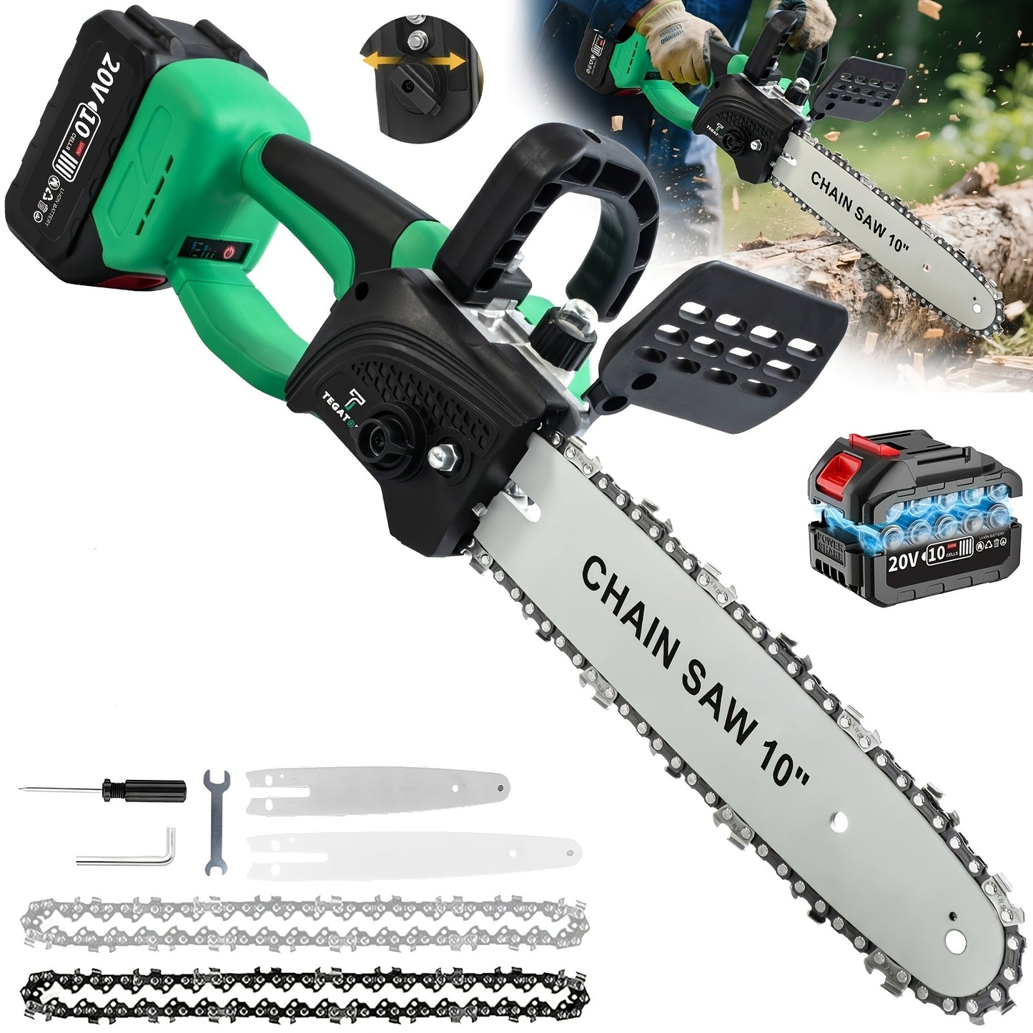 Cordless Electric Chainsaw 10 Inch or 6 Inch 20V with 2x4.0Ah Lithium Batteries, 2 Chains & Charger - Efficient Cutting for Wood Trimming, Woodworking, Landscaping & Yard Pruning