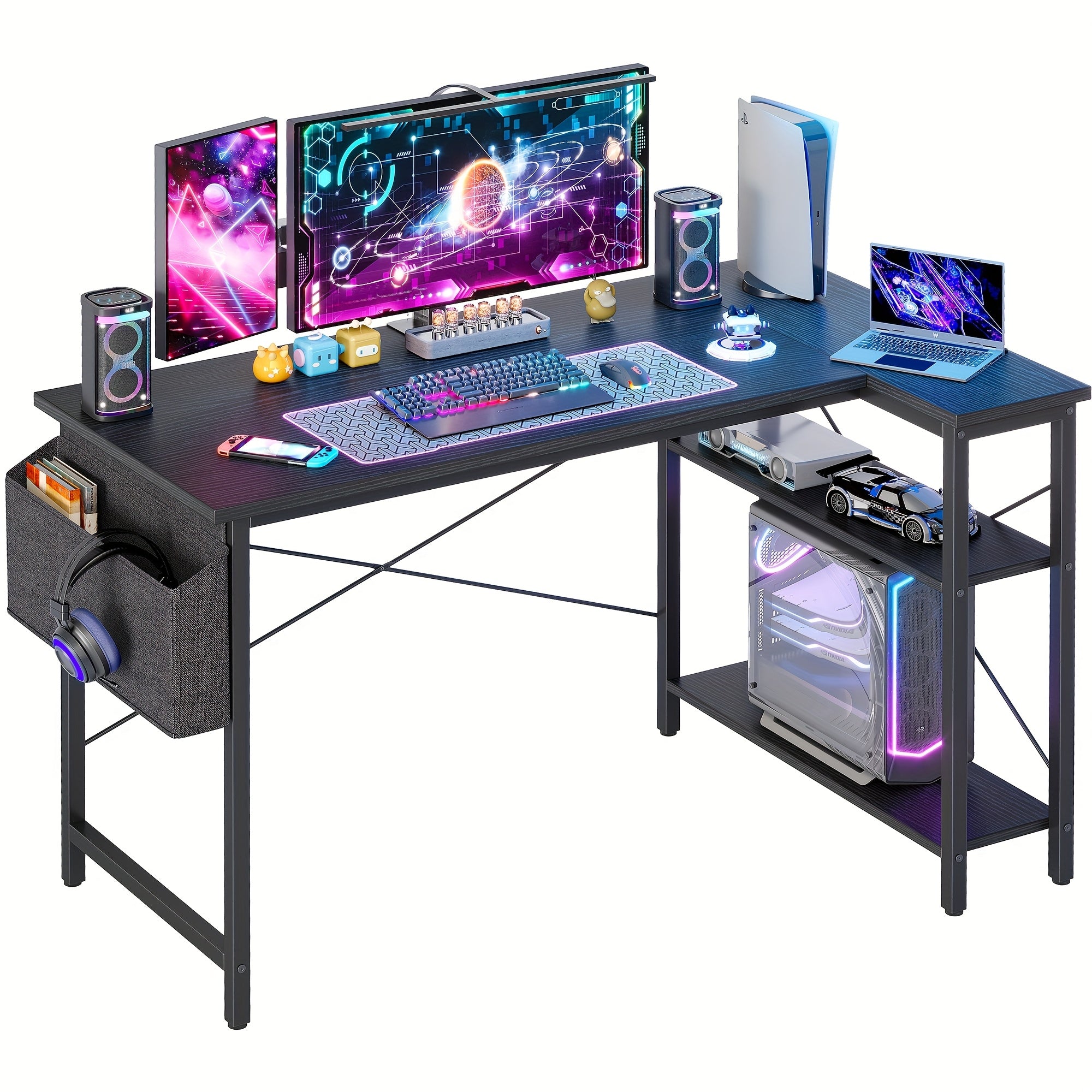 BEXEVUE L Shaped Desk in The Corner, 47 Inch Study Office Gaming Desk, Compact Writing Table, Spacious Reversible Storage Shelves, Workstation for Study, Play, And Work in Bedroom Or Home Office