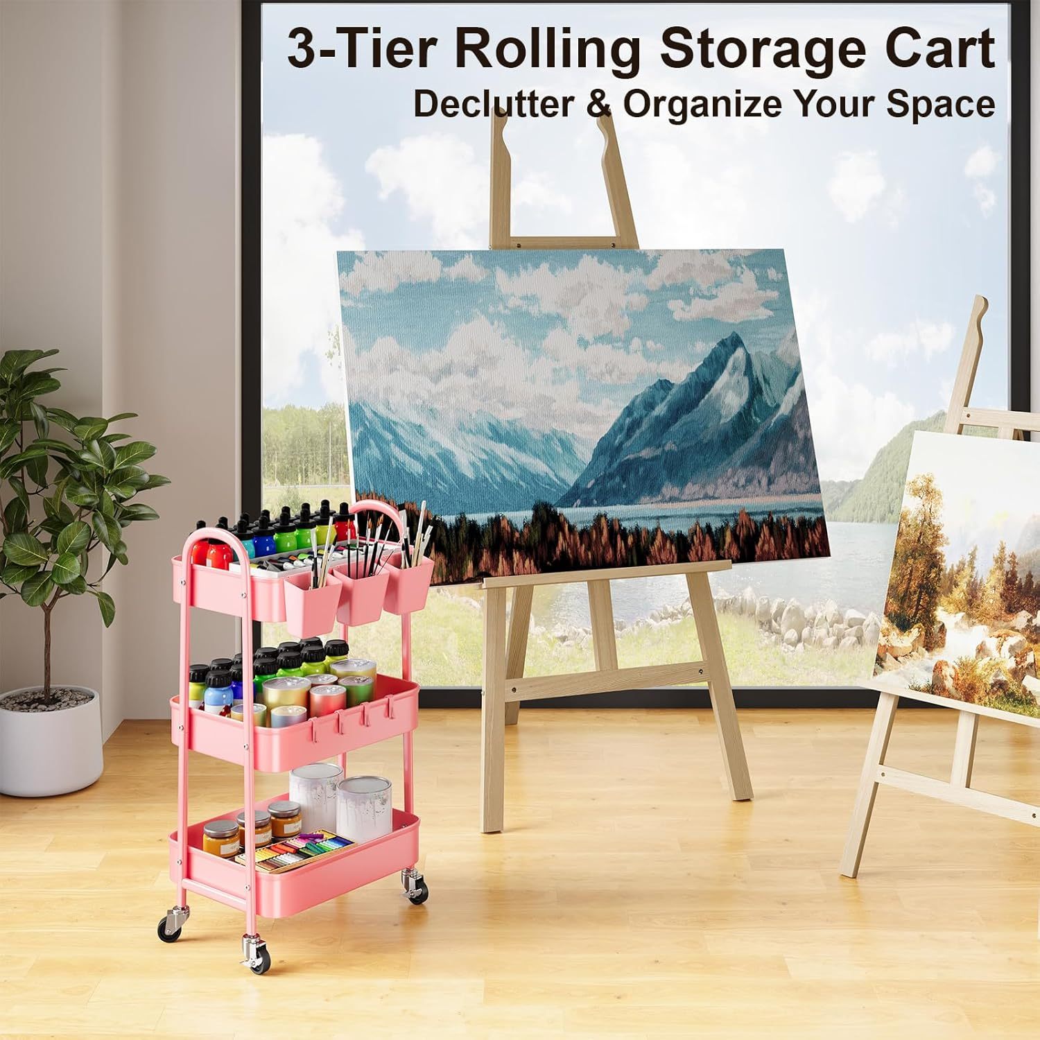 Three-Tier Metal Caster Cart with Lockable Wheels Three-Tier Rolling Book & Snack Cart Multi-Purpose Storage Cart for Kitchen, Bathroom, Garage, Baby Diapers, Crafts, Art Supplies, and Teachers