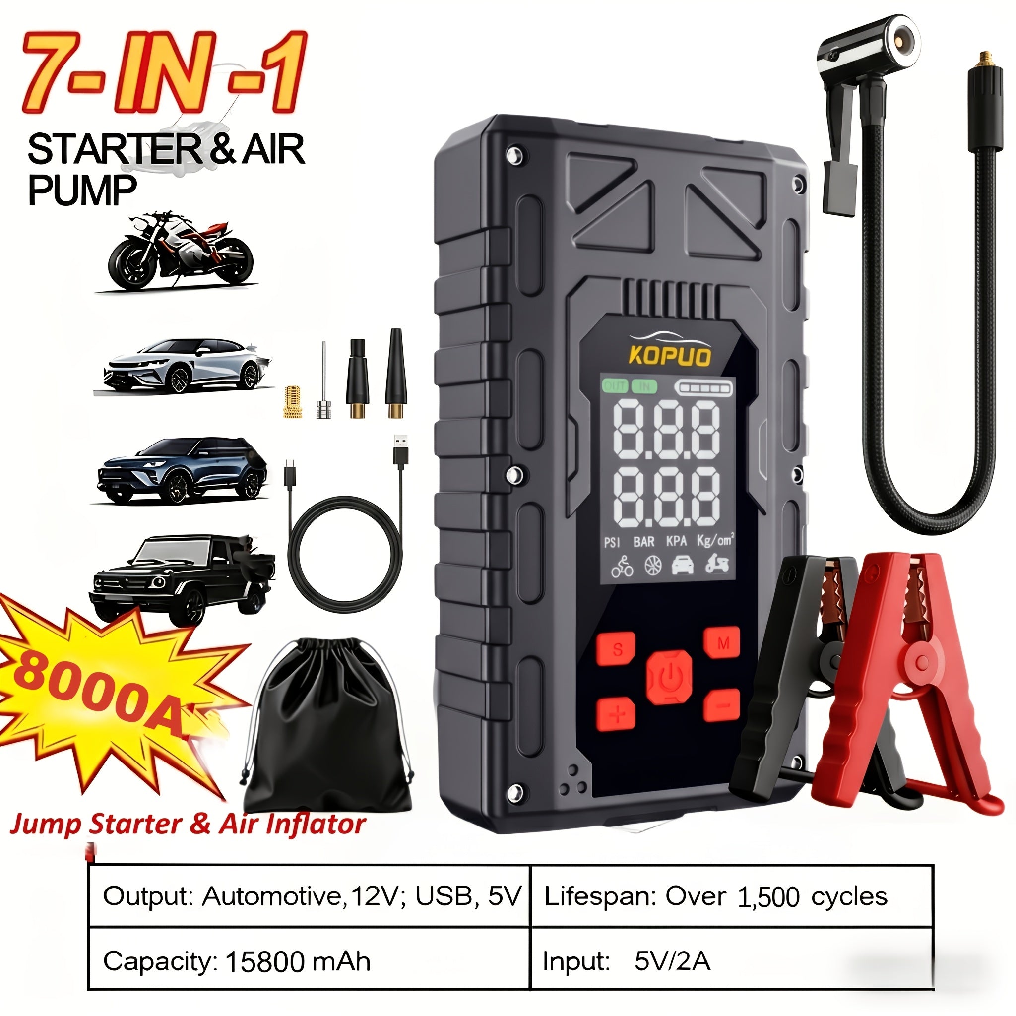 Car Jump Starter 5000A/6000A/8000A Portable Battery Booster Pack with USB Power Bank & LED Flashlight – 12V for Vehicles, Trucks & SUVs