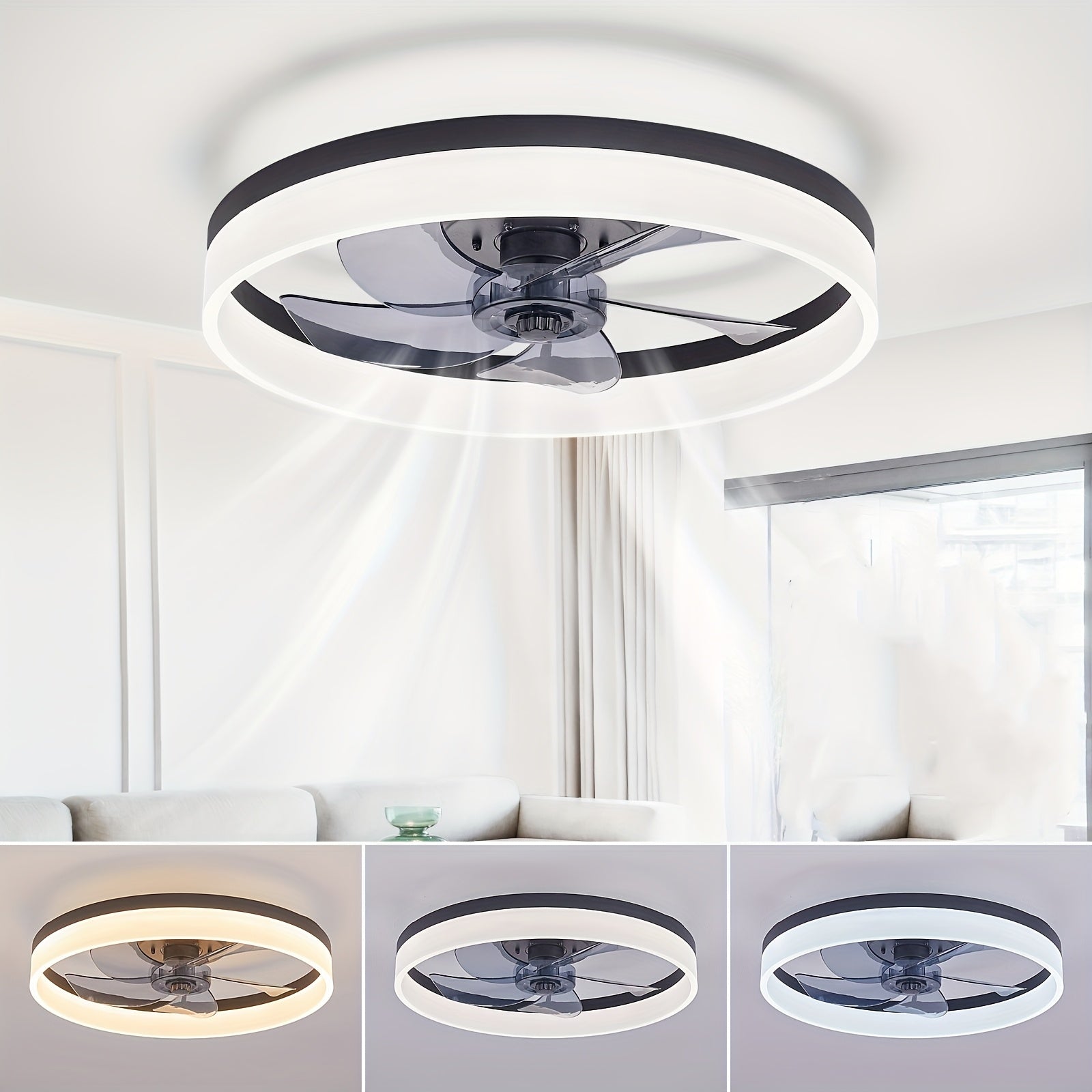 Smart Fandelier Ceiling Fan with Light & Remote – 19.7" Bladeless Flush Mount, Dimmable LED 3000K–6500K, Whisper-Quiet Motor, Modern Black for Bedroom, Living Room & Condo