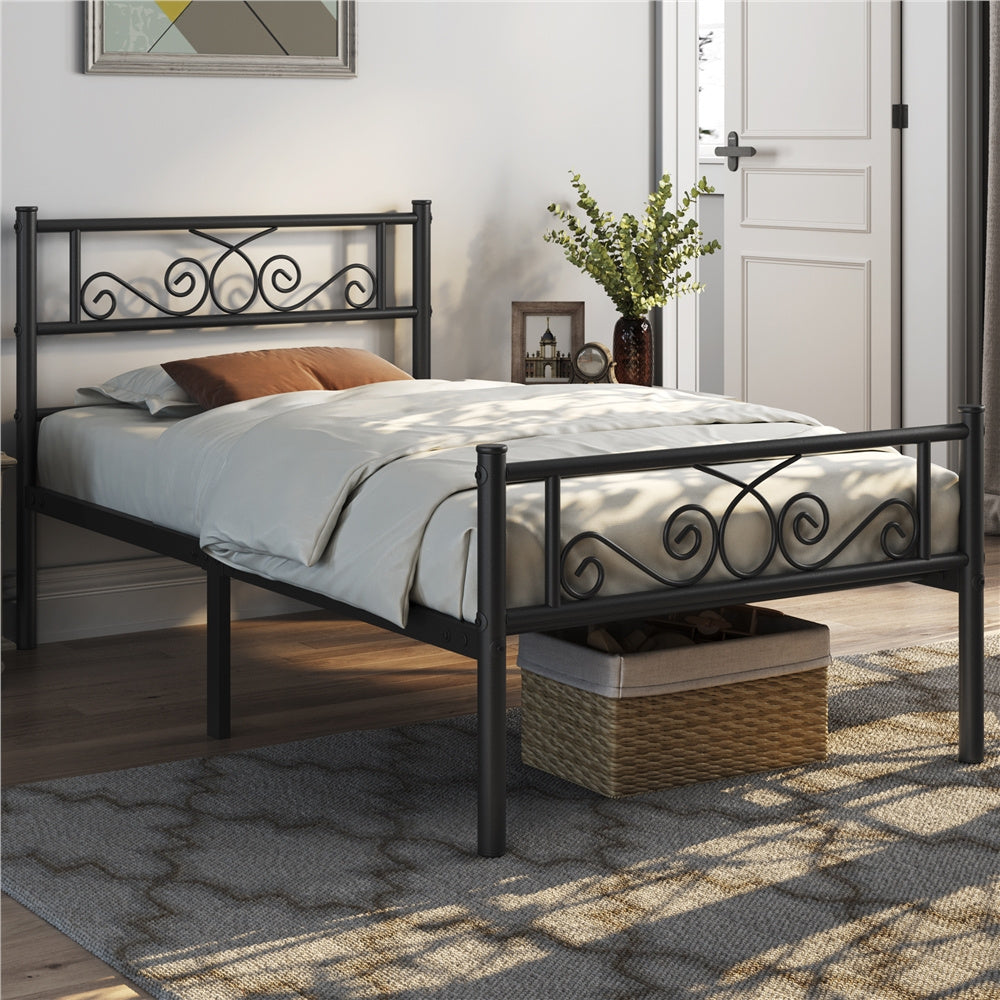 ALDEN DESIGN Bed Frame Metal Platform Bed, Space Saving Metal-Framed Bed, Iron Bed Foundation, Graceful Scroll Metal-Framed Bed, Platform Bed with Headboard and Footboard for Bedrooms, Guestrooms, Dormitories, Black/White/Silver, Twin/Full/Queen Size