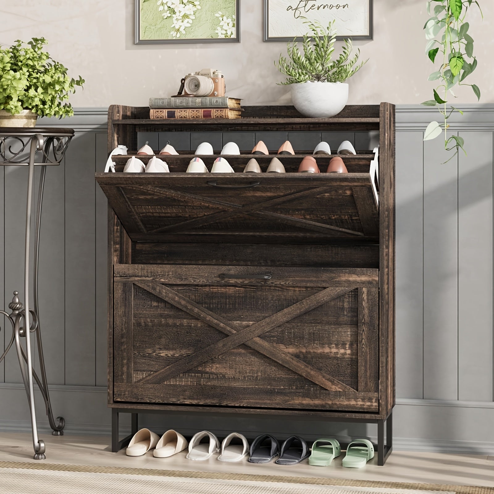 Entryway Shoe Cabinet Rustic Brown with 2 Flip Drawers & Open Shelf - Freestanding Narrow Shoe Rack Organizer Metal Legs Hidden Storage Holds 12-16 Pairs - Canada