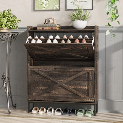 Entryway Shoe Cabinet Rustic Brown with 2 Flip Drawers & Open Shelf - Freestanding Narrow Shoe Rack Organizer Metal Legs Hidden Storage Holds 12-16 Pairs - Canada