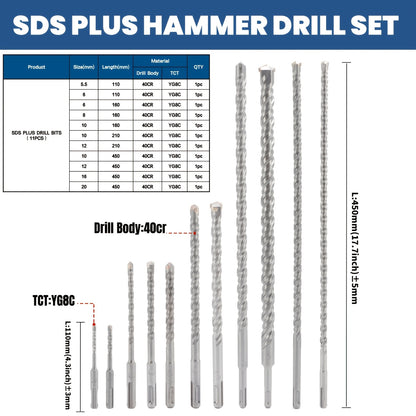 Hammer Drill Bit Set 11pcs, Round Shank Masonry Drill Bits for Concrete Brick Stone Wall, Home Installation Tool Kit for Drilling and Punching