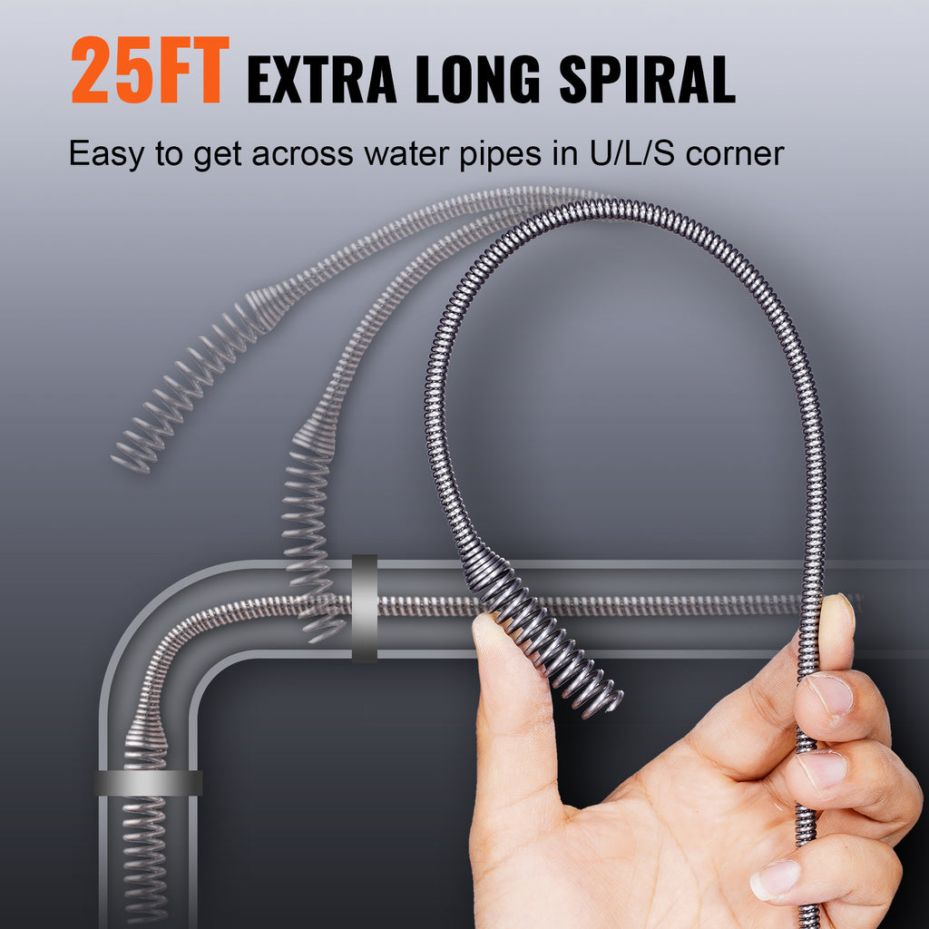 VEVOR Drain Auger, 25ft 1/4in Heavy Duty Flexible Drum Plumbing Drain Snake with Drill Adapter, Use Manually/Powered Steel Cable Clog Remover, Kitchen Bathrom Shower Sink with Gloves Autofeed Control