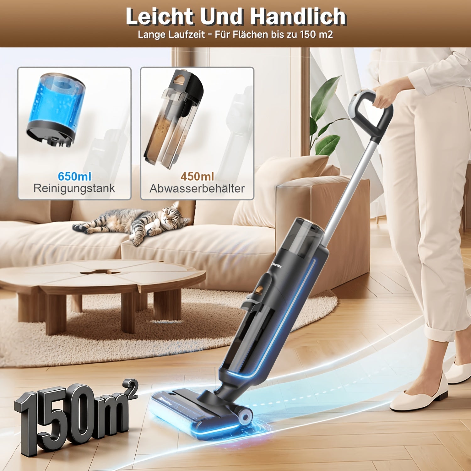 Vacuum Cleaner, 70Kpa High Suction Lightweight Handheld Vacuum, Wet & Dry 2-In-1 Vacuum Mop, All-In-One Smart Washing And Mopping Machine with Self-Cleaning Function, Ideal for Wood Floors, Carpets, And Pet Hair