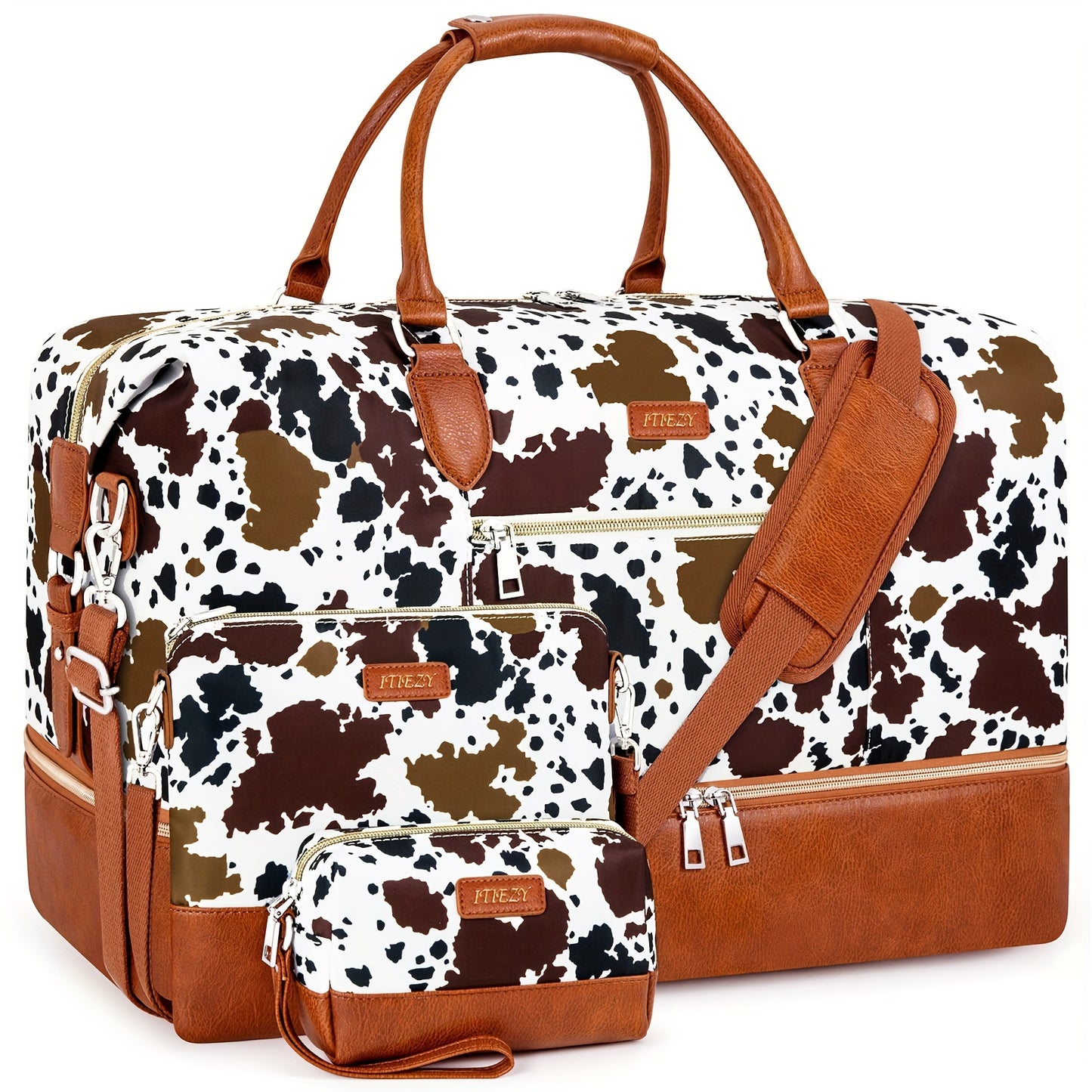 Women's Cow Pattern Duffle Bag Set 3-Piece Oxford Weekender Tote with Shoe Compartment – Large Carry-On Travel Bag for Overnight Trips, Airport & Weekend Getaways | ShopVora CA