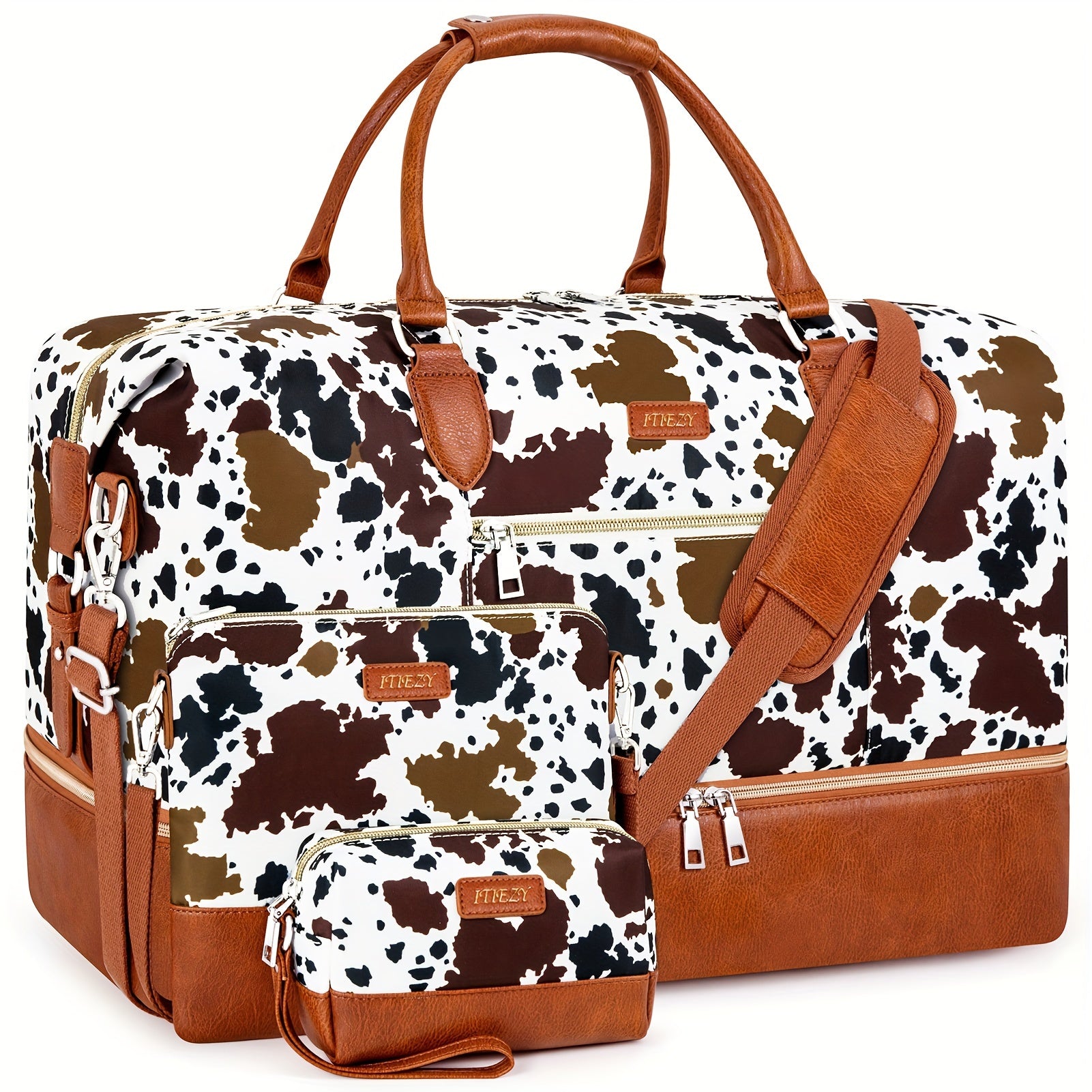 ITIEZY Women's 3pcs Cow Pattern Oxford Duffle Tote Bag with Shoe Compartment - Large Weekender Travel Bag Suitable for Overnight Trips, Airports, Trains & Buses - Stylish Carry-On Duffel
