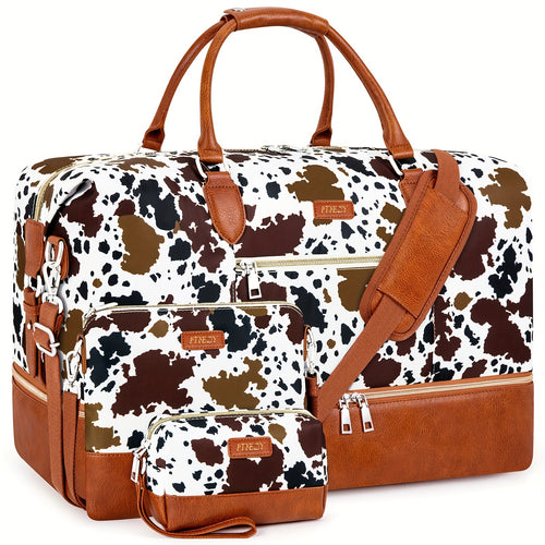 Women's Cow Pattern Duffle Bag Set 3-Piece Oxford Weekender Tote with Shoe Compartment – Large Carry-On Travel Bag for Overnight Trips, Airport & Weekend Getaways | ShopVora CA