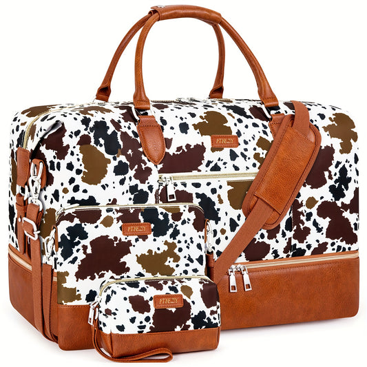 ITIEZY Women's 3pcs Cow Pattern Oxford Duffle Tote Bag with Shoe Compartment - Large Weekender Travel Bag Suitable for Overnight Trips, Airports, Trains & Buses - Stylish Carry-On Duffel