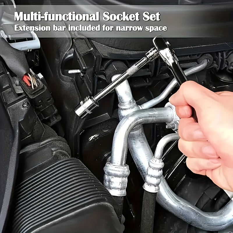 A Mechanical Tool Set Including a Ratchet Handle, Extension Bar, Universal Joint, Slide Bar, SAE and Metric Sockets, Hex Keys, and a Basic Automotive Repair Manual Tool Kit with a Plastic Toolbox. Battery Not Included. Unpowered Manual Tool Set